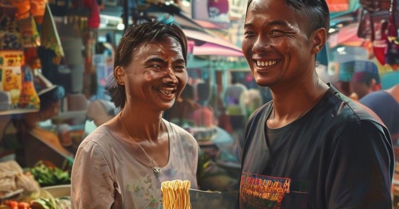 {"prompt":"Photorealistic image of a person smiling confidently while speaking Thai with a friendly street vendor in a bustling Bangkok market. The market should be vibrant and colorful, filled with food stalls and interesting sights. The person should be holding a bowl of noodles. The scene should convey a sense of cultural immersion and successful communication. The overall tone should be warm and inviting.","originalPrompt":"Photorealistic image of a person smiling confidently while speaking Thai with a friendly street vendor in a bustling Bangkok market. The market should be vibrant and colorful, filled with food stalls and interesting sights. The person should be holding a bowl of noodles. The scene should convey a sense of cultural immersion and successful communication. The overall tone should be warm and inviting.","width":1024,"height":1024,"seed":2335,"model":"sana","enhance":false,"nologo":false,"negative_prompt":"undefined","nofeed":false,"safe":false,"quality":"medium","image":[],"transparent":false,"has_nsfw_concept":false,"concept":[],"trackingData":{"actualModel":"sana","usage":{"completionImageTokens":1,"totalTokenCount":1}}}