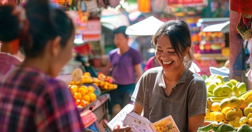 {"prompt":"A vibrant and inviting image showing a person happily interacting with a local Thai vendor in a bustling market. The person is using a phrasebook but smiling confidently. Fresh fruits, colorful textiles, and smiling Thai people are visible in the background. Bright, sunny lighting and a feel-good atmosphere.","originalPrompt":"A vibrant and inviting image showing a person happily interacting with a local Thai vendor in a bustling market. The person is using a phrasebook but smiling confidently. Fresh fruits, colorful textiles, and smiling Thai people are visible in the background. Bright, sunny lighting and a feel-good atmosphere.","width":1024,"height":1024,"seed":2460,"model":"sana","enhance":false,"nologo":false,"negative_prompt":"undefined","nofeed":false,"safe":false,"quality":"medium","image":[],"transparent":false,"has_nsfw_concept":false,"concept":[],"trackingData":{"actualModel":"sana","usage":{"completionImageTokens":1,"totalTokenCount":1}}}