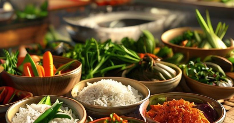 {"prompt":"Photorealistic close-up of various types of Nam Phrik arranged artfully in small ceramic bowls, surrounded by fresh vegetables (cucumber, carrots, long beans, Thai eggplant), steamed rice in a bamboo container, and some traditional Thai herbs. The lighting should be warm and inviting, highlighting the vibrant colors and textures of the food. In the background, a blurred image of a traditional Thai kitchen can be subtly visible.","originalPrompt":"Photorealistic close-up of various types of Nam Phrik arranged artfully in small ceramic bowls, surrounded by fresh vegetables (cucumber, carrots, long beans, Thai eggplant), steamed rice in a bamboo container, and some traditional Thai herbs. The lighting should be warm and inviting, highlighting the vibrant colors and textures of the food. In the background, a blurred image of a traditional Thai kitchen can be subtly visible.","width":1024,"height":1024,"seed":2534,"model":"sana","enhance":false,"nologo":false,"negative_prompt":"undefined","nofeed":false,"safe":false,"quality":"medium","image":[],"transparent":false,"has_nsfw_concept":false,"concept":[],"trackingData":{"actualModel":"sana","usage":{"completionImageTokens":1,"totalTokenCount":1}}}