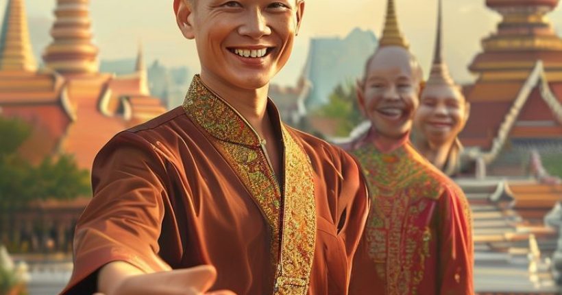 {"prompt":"Photorealistic image of a friendly Thai person smiling and extending a hand in greeting to a foreigner, both standing in front of a backdrop depicting iconic Thai landmarks. The overall tone should be warm and inviting, showcasing the beauty of Thai culture and hospitality. Focus on clear facial expressions and authentic Thai clothing elements.","originalPrompt":"Photorealistic image of a friendly Thai person smiling and extending a hand in greeting to a foreigner, both standing in front of a backdrop depicting iconic Thai landmarks. The overall tone should be warm and inviting, showcasing the beauty of Thai culture and hospitality. Focus on clear facial expressions and authentic Thai clothing elements.","width":1024,"height":1024,"seed":2586,"model":"sana","enhance":false,"nologo":false,"negative_prompt":"undefined","nofeed":false,"safe":false,"quality":"medium","image":[],"transparent":false,"has_nsfw_concept":false,"concept":[],"trackingData":{"actualModel":"sana","usage":{"completionImageTokens":1,"totalTokenCount":1}}}