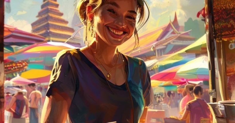 {"prompt":"A warm and inviting image of a person smiling confidently while ordering food at a Thai street food stall. The background should be vibrant with Thai culture - perhaps a temple in the distance or colorful market umbrellas.","originalPrompt":"A warm and inviting image of a person smiling confidently while ordering food at a Thai street food stall. The background should be vibrant with Thai culture - perhaps a temple in the distance or colorful market umbrellas.","width":1024,"height":1024,"seed":2598,"model":"sana","enhance":false,"nologo":false,"negative_prompt":"undefined","nofeed":false,"safe":false,"quality":"medium","image":[],"transparent":false,"has_nsfw_concept":false,"concept":[],"trackingData":{"actualModel":"sana","usage":{"completionImageTokens":1,"totalTokenCount":1}}}