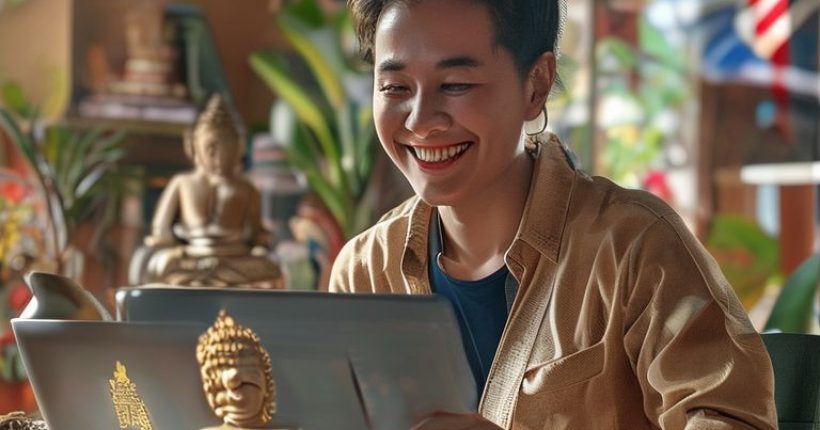 {"prompt":"Photorealistic image of a smiling person using a laptop to learn Thai online. The scene is bright and inviting, possibly set in a comfortable home environment or a cafe. Focus on the screen displaying Thai characters and interactive learning elements along with the learner's positive expression, conveying the joy and ease of learning Thai online. In the background, subtly include elements of Thai culture like a small Buddha statue or a Thai flag.","originalPrompt":"Photorealistic image of a smiling person using a laptop to learn Thai online. The scene is bright and inviting, possibly set in a comfortable home environment or a cafe. Focus on the screen displaying Thai characters and interactive learning elements along with the learner's positive expression, conveying the joy and ease of learning Thai online. In the background, subtly include elements of Thai culture like a small Buddha statue or a Thai flag.","width":1024,"height":1024,"seed":2603,"model":"sana","enhance":false,"nologo":false,"negative_prompt":"undefined","nofeed":false,"safe":false,"quality":"medium","image":[],"transparent":false,"has_nsfw_concept":false,"concept":[],"trackingData":{"actualModel":"sana","usage":{"completionImageTokens":1,"totalTokenCount":1}}}