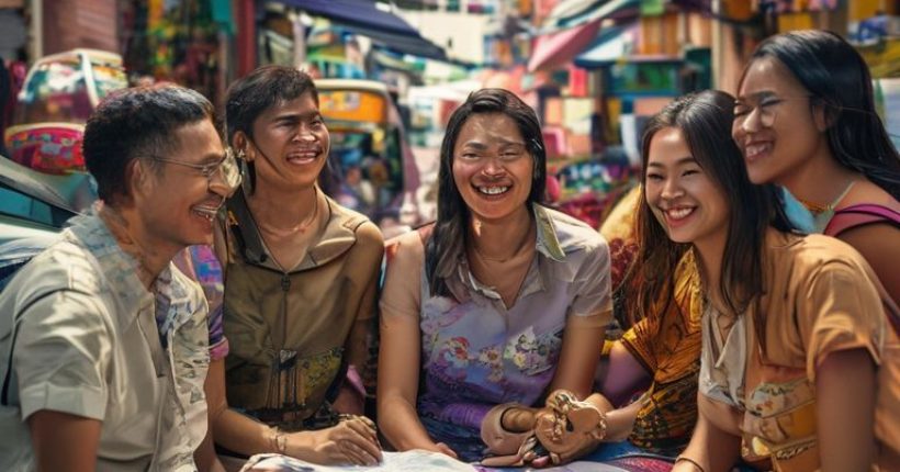 {"prompt":"Photorealistic image of a smiling diverse group of people (Caucasian, Asian, African) sitting together informally, learning Thai. They are surrounded by Thai language learning materials (books, flashcards). The background features a vibrant Thai street scene with colorful signs and tuk-tuks.","originalPrompt":"Photorealistic image of a smiling diverse group of people (Caucasian, Asian, African) sitting together informally, learning Thai. They are surrounded by Thai language learning materials (books, flashcards). The background features a vibrant Thai street scene with colorful signs and tuk-tuks.","width":1024,"height":1024,"seed":2634,"model":"sana","enhance":false,"nologo":false,"negative_prompt":"undefined","nofeed":false,"safe":false,"quality":"medium","image":[],"transparent":false,"has_nsfw_concept":false,"concept":[],"trackingData":{"actualModel":"sana","usage":{"completionImageTokens":1,"totalTokenCount":1}}}