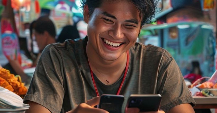 {"prompt":"Photorealistic image of a smiling person (male or female, diverse ethnicity) using a language learning app on their phone while sitting at a Thai street food stall, with delicious-looking Thai food in the foreground. The background should be a bustling street scene in Thailand.","originalPrompt":"Photorealistic image of a smiling person (male or female, diverse ethnicity) using a language learning app on their phone while sitting at a Thai street food stall, with delicious-looking Thai food in the foreground. The background should be a bustling street scene in Thailand.","width":1024,"height":1024,"seed":3482,"model":"sana","enhance":false,"nologo":false,"negative_prompt":"undefined","nofeed":false,"safe":false,"quality":"medium","image":[],"transparent":false,"has_nsfw_concept":false,"concept":[],"trackingData":{"actualModel":"sana","usage":{"completionImageTokens":1,"totalTokenCount":1}}}