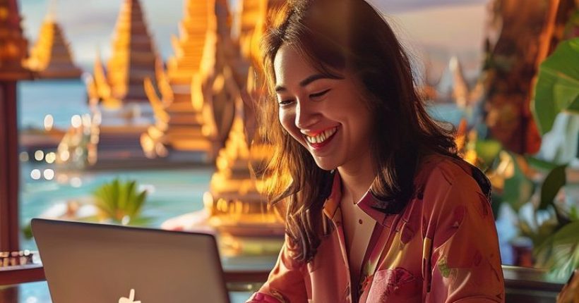 {"prompt":"A vibrant and inviting image showcasing a person happily learning Thai online on their laptop. The background should feature iconic Thai elements like temples, beaches, or delicious-looking Thai food. The lighting should be warm and welcoming, conveying a sense of ease and enjoyment in the learning process. The person should be smiling and engaged, and the overall composition should be visually appealing and representative of the benefits of online Thai language learning.","originalPrompt":"A vibrant and inviting image showcasing a person happily learning Thai online on their laptop. The background should feature iconic Thai elements like temples, beaches, or delicious-looking Thai food. The lighting should be warm and welcoming, conveying a sense of ease and enjoyment in the learning process. The person should be smiling and engaged, and the overall composition should be visually appealing and representative of the benefits of online Thai language learning.","width":1024,"height":1024,"seed":5278,"model":"sana","enhance":false,"nologo":false,"negative_prompt":"undefined","nofeed":false,"safe":false,"quality":"medium","image":[],"transparent":false,"has_nsfw_concept":false,"concept":[],"trackingData":{"actualModel":"sana","usage":{"completionImageTokens":1,"totalTokenCount":1}}}