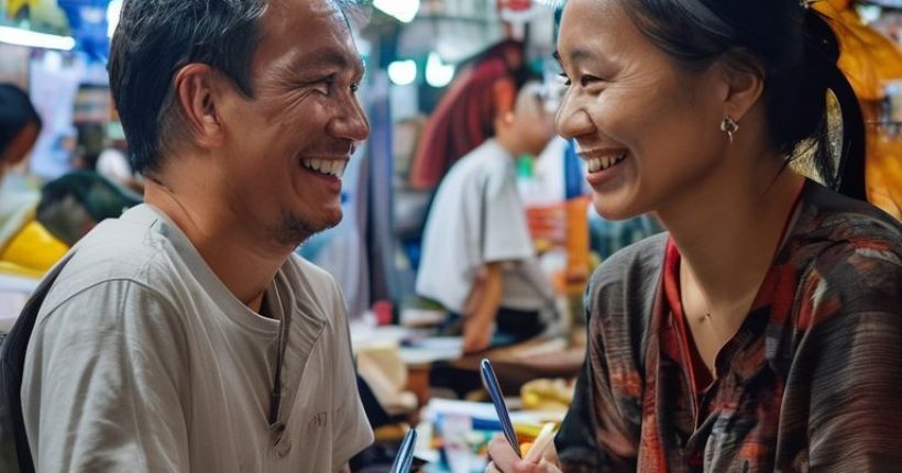 {"prompt":"Photorealistic image depicting a smiling Caucasian man in his 30s having a friendly conversation in Thai with a Thai woman in a bustling Bangkok market. The man is holding a pad and pen, appearing to be taking notes while learning. Focus on genuine interaction and vibrant market atmosphere.","originalPrompt":"Photorealistic image depicting a smiling Caucasian man in his 30s having a friendly conversation in Thai with a Thai woman in a bustling Bangkok market. The man is holding a pad and pen, appearing to be taking notes while learning. Focus on genuine interaction and vibrant market atmosphere.","width":1024,"height":1024,"seed":5891,"model":"sana","enhance":false,"nologo":false,"negative_prompt":"undefined","nofeed":false,"safe":false,"quality":"medium","image":[],"transparent":false,"has_nsfw_concept":false,"concept":[],"trackingData":{"actualModel":"sana","usage":{"completionImageTokens":1,"totalTokenCount":1}}}