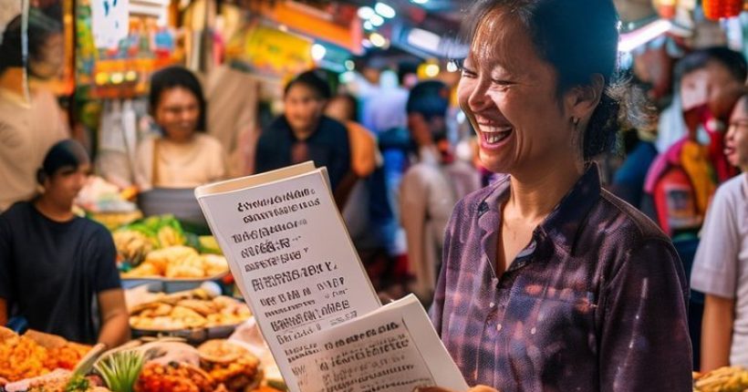 {"prompt":"A vibrant and inviting image depicting someone happily interacting with Thai locals in a bustling Thai market. The person is using Thai phrases from a notebook, showcasing the joy of learning and applying the language. Ensure the image captures the cultural richness and warmth of Thailand, with delicious food stalls and smiling faces in the background.","originalPrompt":"A vibrant and inviting image depicting someone happily interacting with Thai locals in a bustling Thai market. The person is using Thai phrases from a notebook, showcasing the joy of learning and applying the language. Ensure the image captures the cultural richness and warmth of Thailand, with delicious food stalls and smiling faces in the background.","width":1024,"height":1024,"seed":6206,"model":"sana","enhance":false,"nologo":false,"negative_prompt":"undefined","nofeed":false,"safe":false,"quality":"medium","image":[],"transparent":false,"has_nsfw_concept":false,"concept":[],"trackingData":{"actualModel":"sana","usage":{"completionImageTokens":1,"totalTokenCount":1}}}