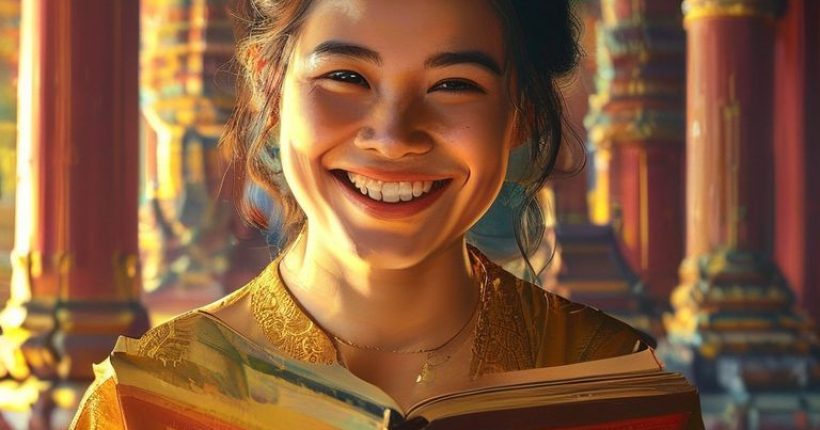 {"prompt":"Photorealistic image of a smiling person looking at a Thai language textbook, set against a backdrop of a traditional Thai temple. The scene should convey a sense of excitement and possibility in learning a new language. Focus on bright colors and warm lighting.","originalPrompt":"Photorealistic image of a smiling person looking at a Thai language textbook, set against a backdrop of a traditional Thai temple. The scene should convey a sense of excitement and possibility in learning a new language. Focus on bright colors and warm lighting.","width":1024,"height":1024,"seed":7476,"model":"sana","enhance":false,"nologo":false,"negative_prompt":"undefined","nofeed":false,"safe":false,"quality":"medium","image":[],"transparent":false,"has_nsfw_concept":false,"concept":[],"trackingData":{"actualModel":"sana","usage":{"completionImageTokens":1,"totalTokenCount":1}}}