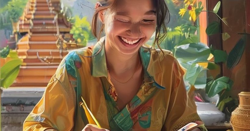 {"prompt":"A photorealistic image of a person smiling while studying Thai language materials (textbook, notebook, phone with language app). The background should subtly incorporate Thai cultural elements like a temple or Thai script. The overall mood should be bright and encouraging.","originalPrompt":"A photorealistic image of a person smiling while studying Thai language materials (textbook, notebook, phone with language app). The background should subtly incorporate Thai cultural elements like a temple or Thai script. The overall mood should be bright and encouraging.","width":1024,"height":1024,"seed":7599,"model":"sana","enhance":false,"nologo":false,"negative_prompt":"undefined","nofeed":false,"safe":false,"quality":"medium","image":[],"transparent":false,"has_nsfw_concept":false,"concept":[],"trackingData":{"actualModel":"sana","usage":{"completionImageTokens":1,"totalTokenCount":1}}}