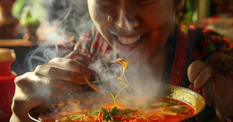 {"prompt":"Photorealistic close-up of a Thai person smiling while eating a spoonful of vividly red and spicy-looking Tom Yum soup. Steam rises from the bowl, highlighting the vibrant colours and fresh herbs. The background is slightly blurred, showing a traditional Thai kitchen setting with various spices and ingredients.","originalPrompt":"Photorealistic close-up of a Thai person smiling while eating a spoonful of vividly red and spicy-looking Tom Yum soup. Steam rises from the bowl, highlighting the vibrant colours and fresh herbs. The background is slightly blurred, showing a traditional Thai kitchen setting with various spices and ingredients.","width":1024,"height":1024,"seed":8151,"model":"sana","enhance":false,"nologo":false,"negative_prompt":"undefined","nofeed":false,"safe":false,"quality":"medium","image":[],"transparent":false,"has_nsfw_concept":false,"concept":[],"trackingData":{"actualModel":"sana","usage":{"completionImageTokens":1,"totalTokenCount":1}}}