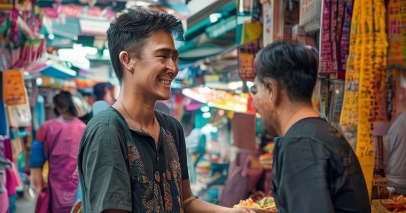 {"prompt":"A vibrant and photorealistic image showing a foreigner smiling and interacting with a Thai vendor at a bustling street market in Bangkok. The foreigner is wearing culturally appropriate clothing. The background features colorful street food stalls and traditional Thai architecture. The overall mood is welcoming and positive, showcasing the beauty of cultural exchange.","originalPrompt":"A vibrant and photorealistic image showing a foreigner smiling and interacting with a Thai vendor at a bustling street market in Bangkok. The foreigner is wearing culturally appropriate clothing. The background features colorful street food stalls and traditional Thai architecture. The overall mood is welcoming and positive, showcasing the beauty of cultural exchange.","width":1024,"height":1024,"seed":8458,"model":"sana","enhance":false,"nologo":false,"negative_prompt":"undefined","nofeed":false,"safe":false,"quality":"medium","image":[],"transparent":false,"has_nsfw_concept":false,"concept":[],"trackingData":{"actualModel":"sana","usage":{"completionImageTokens":1,"totalTokenCount":1}}}