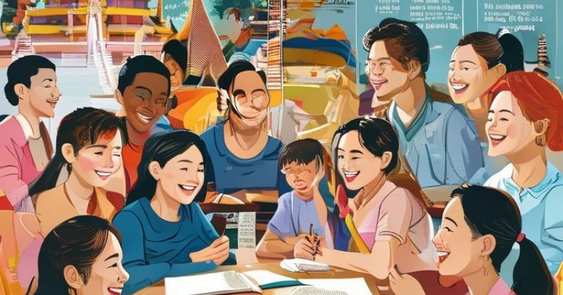 {"prompt":"A diverse group of people happily engaged in an online Thai language class. Some are chatting in Thai, others are taking notes. The background shows a split screen: half showing a beautiful Thai temple, the other half with Thai text and learning resources.","originalPrompt":"A diverse group of people happily engaged in an online Thai language class. Some are chatting in Thai, others are taking notes. The background shows a split screen: half showing a beautiful Thai temple, the other half with Thai text and learning resources.","width":1024,"height":1024,"seed":11841,"model":"sana","enhance":false,"nologo":false,"negative_prompt":"undefined","nofeed":false,"safe":false,"quality":"medium","image":[],"transparent":false,"has_nsfw_concept":false,"concept":[],"trackingData":{"actualModel":"sana","usage":{"completionImageTokens":1,"totalTokenCount":1}}}