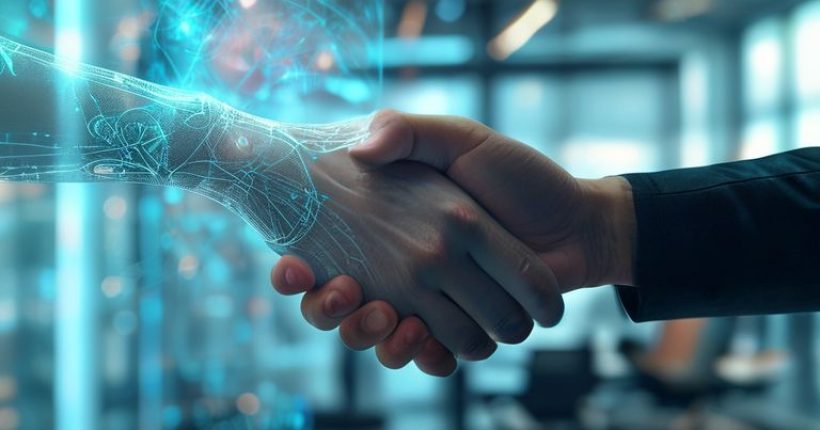 {"prompt":"A photorealistic and slightly futuristic image showing a human hand shaking hands with a holographic projection of an AI agent. The background should be a modern office setting. The overall tone should be collaborative and optimistic, suggesting partnership rather than competition.","originalPrompt":"A photorealistic and slightly futuristic image showing a human hand shaking hands with a holographic projection of an AI agent. The background should be a modern office setting. The overall tone should be collaborative and optimistic, suggesting partnership rather than competition.","width":1024,"height":1024,"seed":1409,"model":"sana","enhance":false,"nologo":false,"negative_prompt":"undefined","nofeed":false,"safe":false,"quality":"medium","image":[],"transparent":false,"has_nsfw_concept":false,"concept":[],"trackingData":{"actualModel":"sana","usage":{"completionImageTokens":1,"totalTokenCount":1}}}