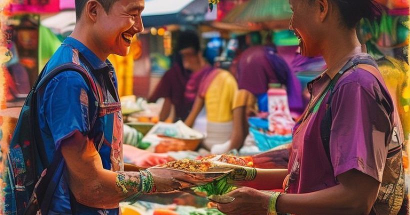{"prompt":"A vibrant image of a smiling tourist interacting with a Thai vendor at a bustling market. The vendor is handing the tourist some street food. The background features colorful fruits, vegetables, and traditional Thai decorations.","originalPrompt":"A vibrant image of a smiling tourist interacting with a Thai vendor at a bustling market. The vendor is handing the tourist some street food. The background features colorful fruits, vegetables, and traditional Thai decorations.","width":1024,"height":1024,"seed":12819,"model":"sana","enhance":false,"nologo":false,"negative_prompt":"undefined","nofeed":false,"safe":false,"quality":"medium","image":[],"transparent":false,"has_nsfw_concept":false,"concept":[],"trackingData":{"actualModel":"sana","usage":{"completionImageTokens":1,"totalTokenCount":1}}}