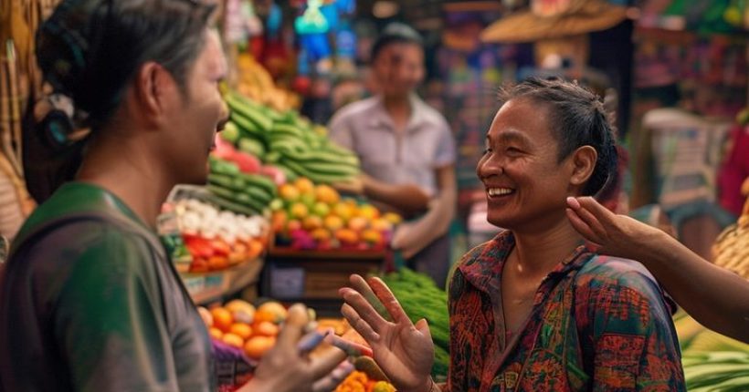 {"prompt":"A photorealistic image showcasing a Westerner happily conversing with a Thai local in a bustling market setting. The foreigner is using hand gestures and appears engaged, while the Thai local smiles warmly. Stalls with colorful fruits, vegetables, and Thai snacks are visible in the background. The text overlay should be 'Unlock the Secrets of Thai: Your Path to Fluency.'","originalPrompt":"A photorealistic image showcasing a Westerner happily conversing with a Thai local in a bustling market setting. The foreigner is using hand gestures and appears engaged, while the Thai local smiles warmly. Stalls with colorful fruits, vegetables, and Thai snacks are visible in the background. The text overlay should be 'Unlock the Secrets of Thai: Your Path to Fluency.'","width":1024,"height":1024,"seed":13312,"model":"sana","enhance":false,"nologo":false,"negative_prompt":"undefined","nofeed":false,"safe":false,"quality":"medium","image":[],"transparent":false,"has_nsfw_concept":false,"concept":[],"trackingData":{"actualModel":"sana","usage":{"completionImageTokens":1,"totalTokenCount":1}}}