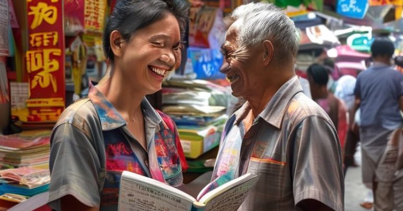 {"prompt":"A vibrant, photorealistic image depicting a person happily interacting with a Thai vendor at a bustling street market in Thailand. The person is holding a Thai language textbook and smiling. The vendor is also smiling and appears to be helping the person practice their Thai. The scene should be colorful and lively, showcasing the beauty and culture of Thailand. Focus the image on learning and communication, with visible Thai script on the textbook and market signs.","originalPrompt":"A vibrant, photorealistic image depicting a person happily interacting with a Thai vendor at a bustling street market in Thailand. The person is holding a Thai language textbook and smiling. The vendor is also smiling and appears to be helping the person practice their Thai. The scene should be colorful and lively, showcasing the beauty and culture of Thailand. Focus the image on learning and communication, with visible Thai script on the textbook and market signs.","width":1024,"height":1024,"seed":13678,"model":"sana","enhance":false,"nologo":false,"negative_prompt":"undefined","nofeed":false,"safe":false,"quality":"medium","image":[],"transparent":false,"has_nsfw_concept":false,"concept":[],"trackingData":{"actualModel":"sana","usage":{"completionImageTokens":1,"totalTokenCount":1}}}