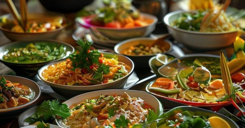 {"prompt":"Photorealistic, vibrant overhead shot of a table laden with various Thai dishes. Include Pad Thai, Tom Yum soup, Green Curry, and Mango Sticky Rice. The scene should be set in a modern Thai restaurant with soft, diffused lighting and a shallow depth of field to focus on the food. Garnishes such as cilantro, lime wedges, and chili peppers should be visible. Consider adding out-of-focus elements like traditional Thai bowls or chopsticks in the background to enhance the authenticity.","originalPrompt":"Photorealistic, vibrant overhead shot of a table laden with various Thai dishes. Include Pad Thai, Tom Yum soup, Green Curry, and Mango Sticky Rice. The scene should be set in a modern Thai restaurant with soft, diffused lighting and a shallow depth of field to focus on the food. Garnishes such as cilantro, lime wedges, and chili peppers should be visible. Consider adding out-of-focus elements like traditional Thai bowls or chopsticks in the background to enhance the authenticity.","width":1024,"height":1024,"seed":15155,"model":"sana","enhance":false,"nologo":false,"negative_prompt":"undefined","nofeed":false,"safe":false,"quality":"medium","image":[],"transparent":false,"has_nsfw_concept":false,"concept":[],"trackingData":{"actualModel":"sana","usage":{"completionImageTokens":1,"totalTokenCount":1}}}