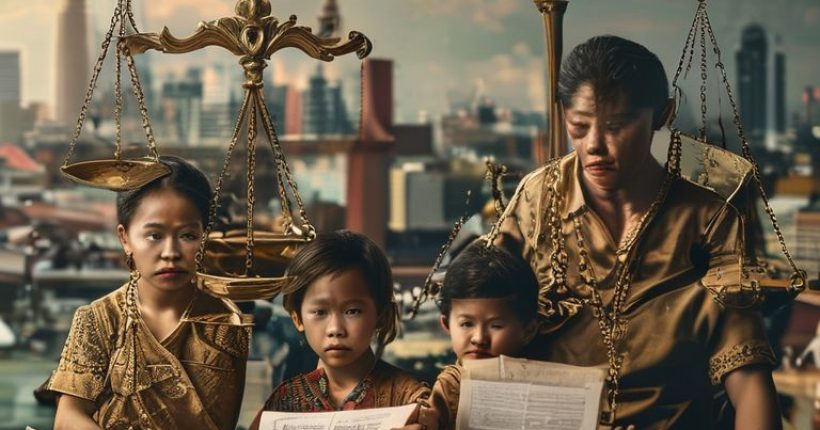 {"prompt":"A dramatic photorealistic image showing the scales of justice in Thailand. One side contains a Thai family looking worried, weighed down by legal papers, while the other side shows opulent buildings representing power, with a slight tilt suggesting imbalance. The background should show a blurred scene of Bangkok, Thailand. The overall tone should be serious and thought-provoking.","originalPrompt":"A dramatic photorealistic image showing the scales of justice in Thailand. One side contains a Thai family looking worried, weighed down by legal papers, while the other side shows opulent buildings representing power, with a slight tilt suggesting imbalance. The background should show a blurred scene of Bangkok, Thailand. The overall tone should be serious and thought-provoking.","width":1024,"height":1024,"seed":15706,"model":"sana","enhance":false,"nologo":false,"negative_prompt":"undefined","nofeed":false,"safe":false,"quality":"medium","image":[],"transparent":false,"has_nsfw_concept":false,"concept":[],"trackingData":{"actualModel":"sana","usage":{"completionImageTokens":1,"totalTokenCount":1}}}