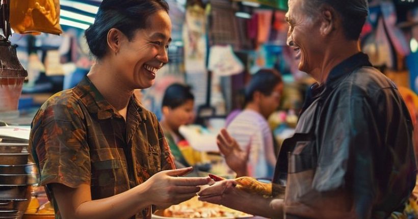 {"prompt":"A photorealistic cover image should depict a person happily interacting with a Thai vendor at a bustling street food market in Bangkok. The person is smiling and using hand gestures, suggesting they are attempting to communicate in Thai. The vendor is also smiling and appears to understand the person. In the background, there should be colorful stalls with various Thai dishes and ingredients, creating a vibrant and authentic atmosphere. The image should convey the joy and connection that comes from learning the Thai language.","originalPrompt":"A photorealistic cover image should depict a person happily interacting with a Thai vendor at a bustling street food market in Bangkok. The person is smiling and using hand gestures, suggesting they are attempting to communicate in Thai. The vendor is also smiling and appears to understand the person. In the background, there should be colorful stalls with various Thai dishes and ingredients, creating a vibrant and authentic atmosphere. The image should convey the joy and connection that comes from learning the Thai language.","width":1024,"height":1024,"seed":17848,"model":"sana","enhance":false,"nologo":false,"negative_prompt":"undefined","nofeed":false,"safe":false,"quality":"medium","image":[],"transparent":false,"has_nsfw_concept":false,"concept":[],"trackingData":{"actualModel":"sana","usage":{"completionImageTokens":1,"totalTokenCount":1}}}