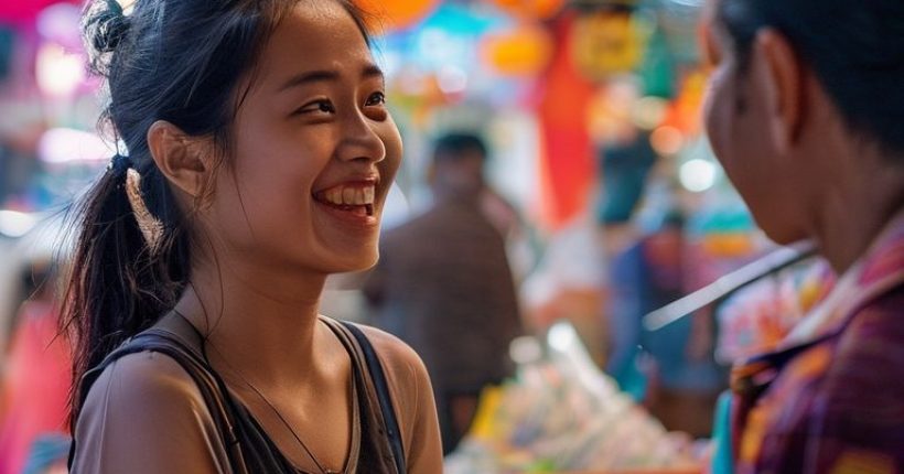 {"prompt":"A young woman smiling confidently while speaking Thai to a friendly vendor at a vibrant Thai market. Focus on conveying the joy of communication and cultural immersion. Close-up shot, photorealistic, bright colors, warm lighting.","originalPrompt":"A young woman smiling confidently while speaking Thai to a friendly vendor at a vibrant Thai market. Focus on conveying the joy of communication and cultural immersion. Close-up shot, photorealistic, bright colors, warm lighting.","width":1024,"height":1024,"seed":1506,"model":"sana","enhance":false,"nologo":false,"negative_prompt":"undefined","nofeed":false,"safe":false,"quality":"medium","image":[],"transparent":false,"has_nsfw_concept":false,"concept":[],"trackingData":{"actualModel":"sana","usage":{"completionImageTokens":1,"totalTokenCount":1}}}