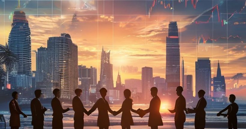 {"prompt":"Photorealistic image depicting a modern cityscape of Bangkok transitioning into a serene beach scene at sunset, overlaid with financial charts and graphs. In the foreground, a diverse group of professionals are shaking hands, symbolizing successful international investment. The overall tone is optimistic and prosperous.","originalPrompt":"Photorealistic image depicting a modern cityscape of Bangkok transitioning into a serene beach scene at sunset, overlaid with financial charts and graphs. In the foreground, a diverse group of professionals are shaking hands, symbolizing successful international investment. The overall tone is optimistic and prosperous.","width":1024,"height":1024,"seed":1624,"model":"sana","enhance":false,"nologo":false,"negative_prompt":"undefined","nofeed":false,"safe":false,"quality":"medium","image":[],"transparent":false,"has_nsfw_concept":false,"concept":[],"trackingData":{"actualModel":"sana","usage":{"completionImageTokens":1,"totalTokenCount":1}}}