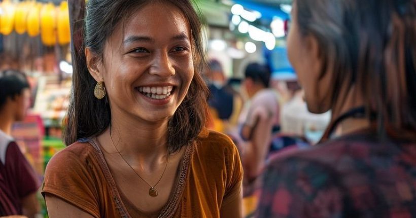 {"prompt":"A photorealistic image of a friendly Thai person (woman) smiling and interacting with a foreigner who is attempting to speak Thai. The background should be a vibrant Thai market scene with food stalls and people. The focus should be on the positive and encouraging interaction between the two individuals.","originalPrompt":"A photorealistic image of a friendly Thai person (woman) smiling and interacting with a foreigner who is attempting to speak Thai. The background should be a vibrant Thai market scene with food stalls and people. The focus should be on the positive and encouraging interaction between the two individuals.","width":1024,"height":1024,"seed":19870,"model":"sana","enhance":false,"nologo":false,"negative_prompt":"undefined","nofeed":false,"safe":false,"quality":"medium","image":[],"transparent":false,"has_nsfw_concept":false,"concept":[],"trackingData":{"actualModel":"sana","usage":{"completionImageTokens":1,"totalTokenCount":1}}}
