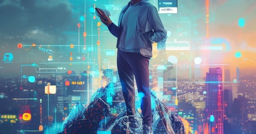 {"prompt":"A photorealistic image depicting a person confidently standing on a digital mountain peak, symbolizing personal brand success. The person is holding a tablet displaying positive social media engagement metrics. The background should be a vibrant cityscape blended with digital elements.","originalPrompt":"A photorealistic image depicting a person confidently standing on a digital mountain peak, symbolizing personal brand success. The person is holding a tablet displaying positive social media engagement metrics. The background should be a vibrant cityscape blended with digital elements.","width":1024,"height":1024,"seed":20605,"model":"sana","enhance":false,"nologo":false,"negative_prompt":"undefined","nofeed":false,"safe":false,"quality":"medium","image":[],"transparent":false,"has_nsfw_concept":false,"concept":[],"trackingData":{"actualModel":"sana","usage":{"completionImageTokens":1,"totalTokenCount":1}}}