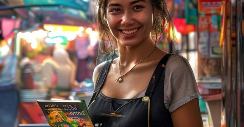 {"prompt":"Photorealistic image of a smiling woman (foreigner) confidently ordering Pad Thai from a street food vendor in Bangkok, Thailand. The scene should be vibrant with colorful street food stalls in the background. The woman is holding a small Thai phrasebook.","originalPrompt":"Photorealistic image of a smiling woman (foreigner) confidently ordering Pad Thai from a street food vendor in Bangkok, Thailand. The scene should be vibrant with colorful street food stalls in the background. The woman is holding a small Thai phrasebook.","width":1024,"height":1024,"seed":20788,"model":"sana","enhance":false,"nologo":false,"negative_prompt":"undefined","nofeed":false,"safe":false,"quality":"medium","image":[],"transparent":false,"has_nsfw_concept":false,"concept":[],"trackingData":{"actualModel":"sana","usage":{"completionImageTokens":1,"totalTokenCount":1}}}