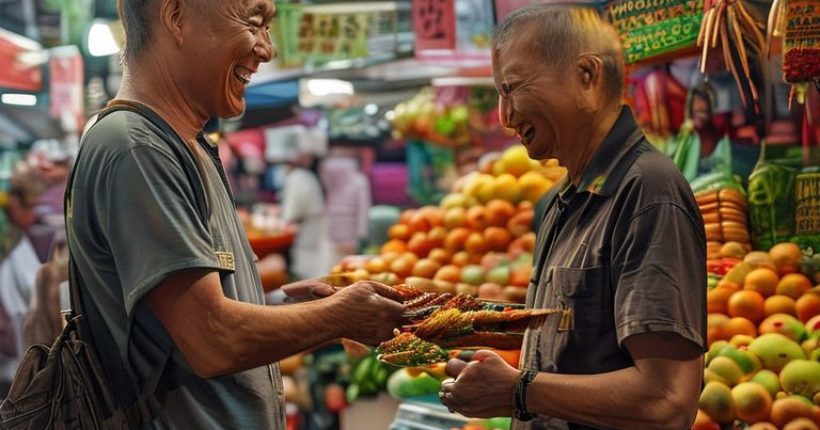 {"prompt":"Photorealistic image of a smiling tourist interacting with a friendly Thai street vendor in a bustling market. The vendor is handing the tourist a skewer of grilled food. In the background are colorful fruits, vegetables, and Thai script signs. The image should convey a sense of cultural immersion and the joy of learning and experiencing a new language.","originalPrompt":"Photorealistic image of a smiling tourist interacting with a friendly Thai street vendor in a bustling market. The vendor is handing the tourist a skewer of grilled food. In the background are colorful fruits, vegetables, and Thai script signs. The image should convey a sense of cultural immersion and the joy of learning and experiencing a new language.","width":1024,"height":1024,"seed":18643,"model":"sana","enhance":false,"nologo":false,"negative_prompt":"undefined","nofeed":false,"safe":false,"quality":"medium","image":[],"transparent":false,"has_nsfw_concept":false,"concept":[],"trackingData":{"actualModel":"sana","usage":{"completionImageTokens":1,"totalTokenCount":1}}}
